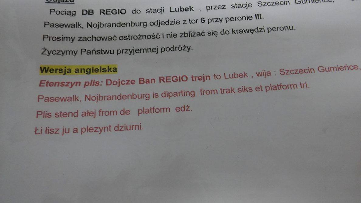 Polish Railways make train platform announcements in English using comical phonetic cheat sheets