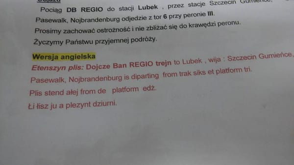 Polish Railways make train platform announcements in English using comical phonetic cheat sheets